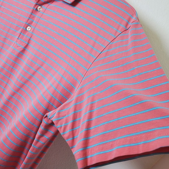 Peter Millar Coral & Blue Stripe Short Sleeve Performance Golf Polo Shirt Size L - Picture 8 of 12